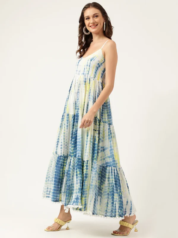 Blue Tie and Dye Dyed with Pom-Pom Detail Maxi Dress - Image 5