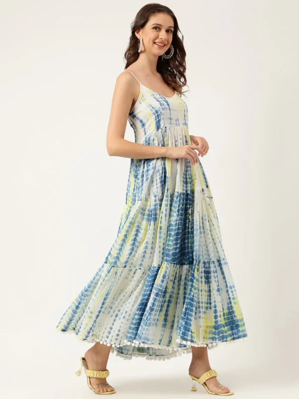 Blue Tie and Dye Dyed with Pom-Pom Detail Maxi Dress - Image 3