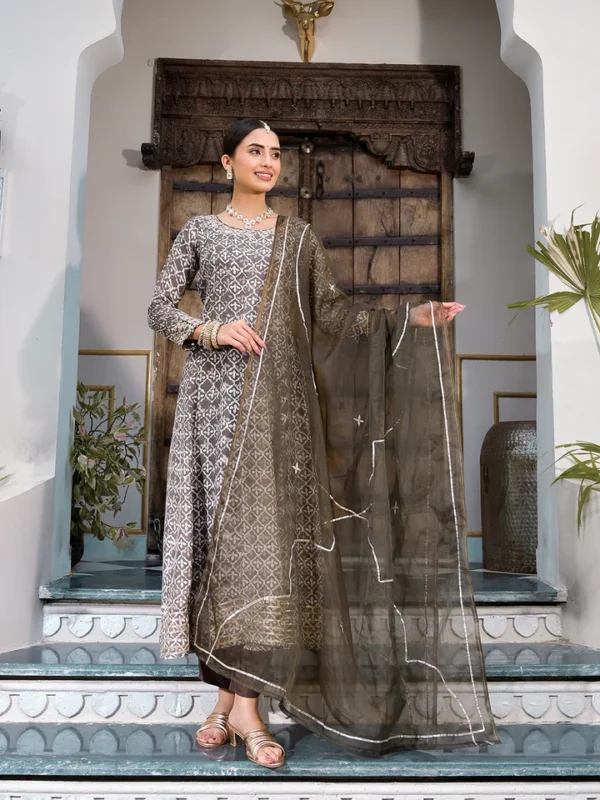 Divena Brown Asymetric Print Muslin Anarkali kurta pant with Dupatta Set - Image 10