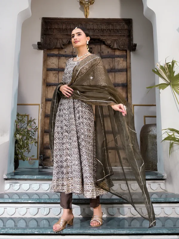 Divena Brown Asymetric Print Muslin Anarkali kurta pant with Dupatta Set - Image 6