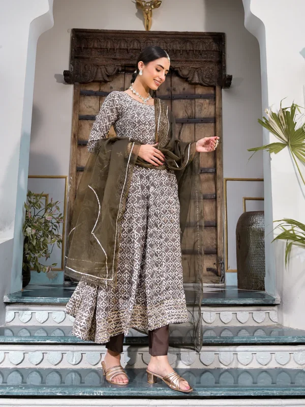 Divena Brown Asymetric Print Muslin Anarkali kurta pant with Dupatta Set - Image 7