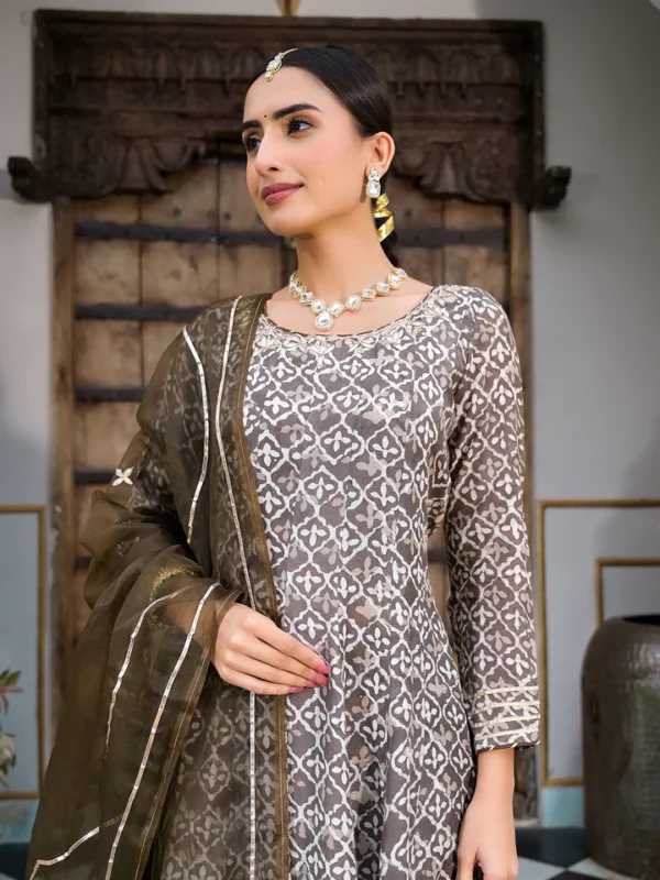 Divena Brown Asymetric Print Muslin Anarkali kurta pant with Dupatta Set - Image 2