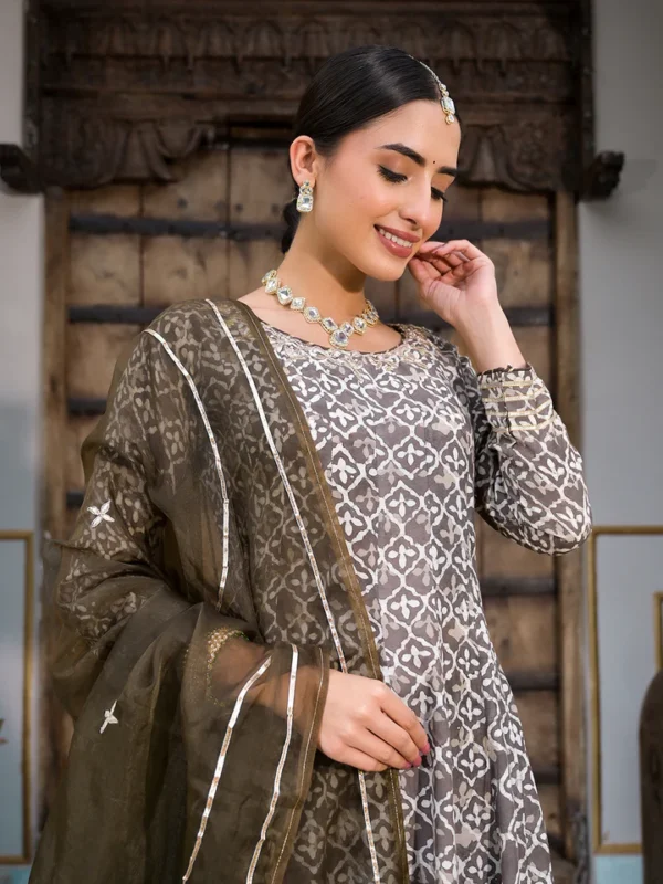 Divena Brown Asymetric Print Muslin Anarkali kurta pant with Dupatta Set - Image 3
