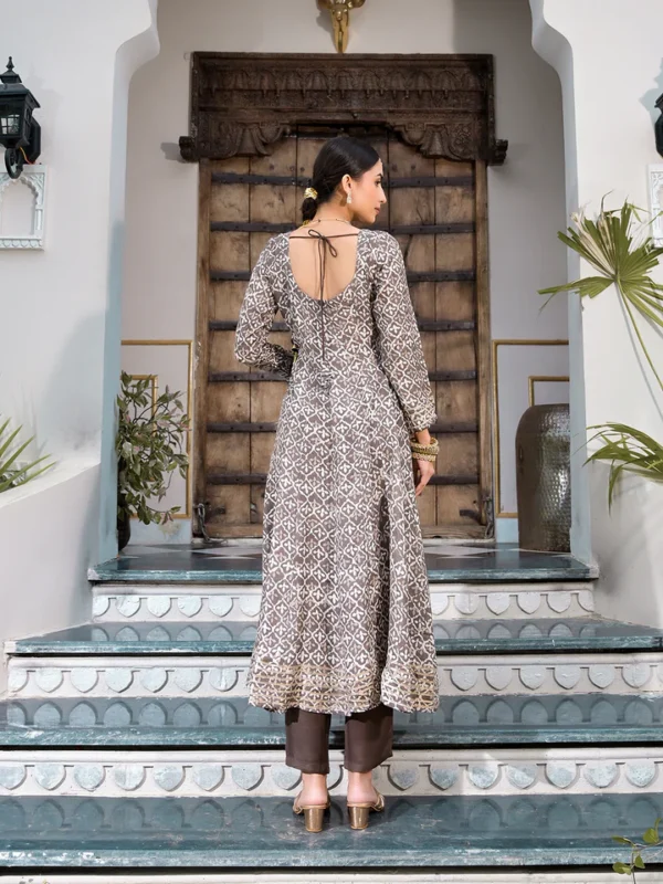 Divena Brown Asymetric Print Muslin Anarkali kurta pant with Dupatta Set - Image 9