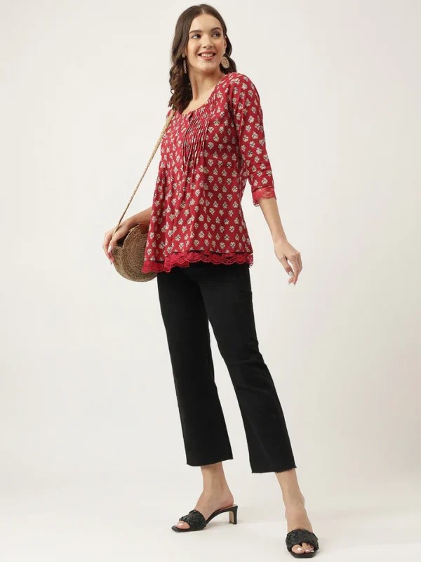 Divena Maroon Floral Printed Cotton Peplum Top - Image 2