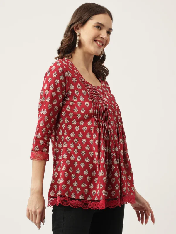 Divena Maroon Floral Printed Cotton Peplum Top - Image 4
