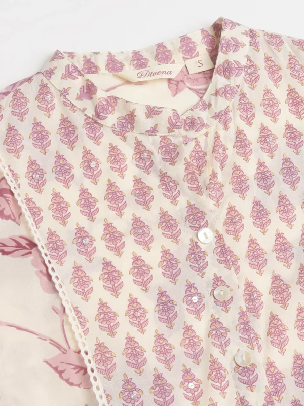 Divena White Purple Floral Cotton Flared kurta with Pant set - Image 6