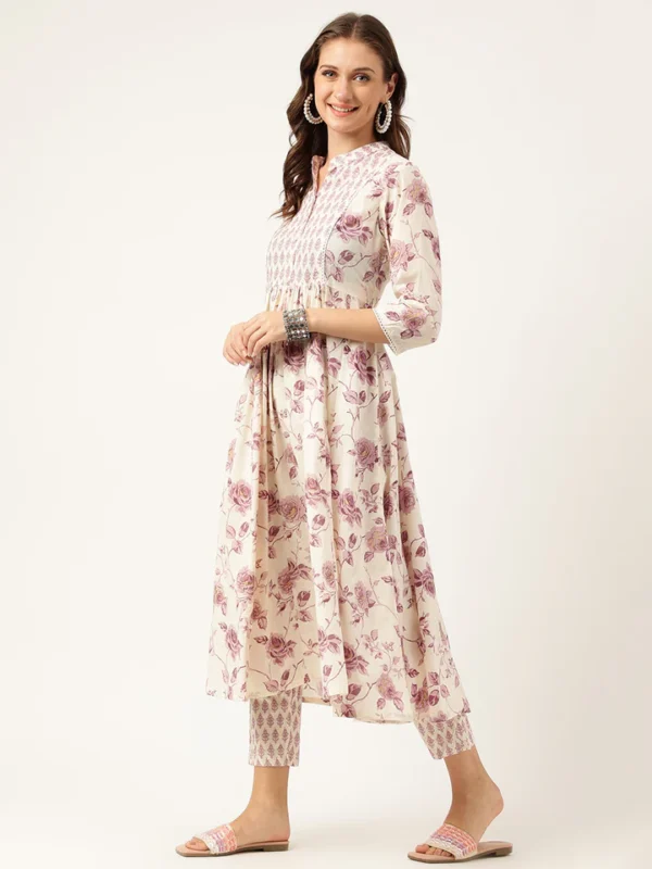 Divena White Purple Floral Cotton Flared kurta with Pant set - Image 3
