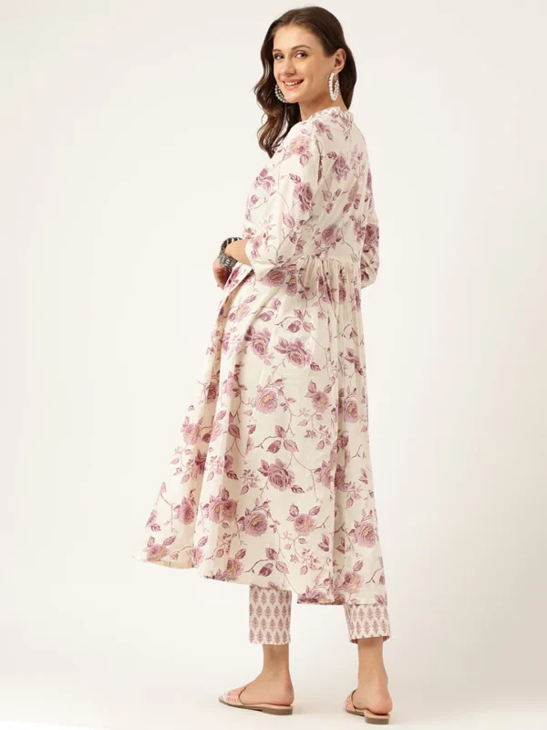 Divena White Purple Floral Cotton Flared kurta with Pant set - Image 4