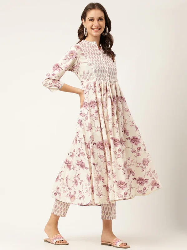 Divena White Purple Floral Cotton Flared kurta with Pant set - Image 2
