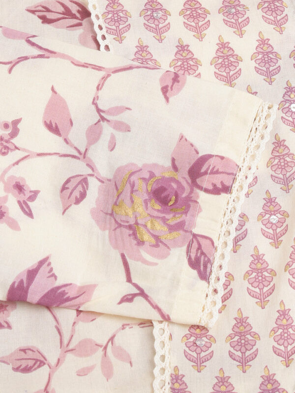 Divena White Purple Floral Cotton Flared kurta with Pant set - Image 8