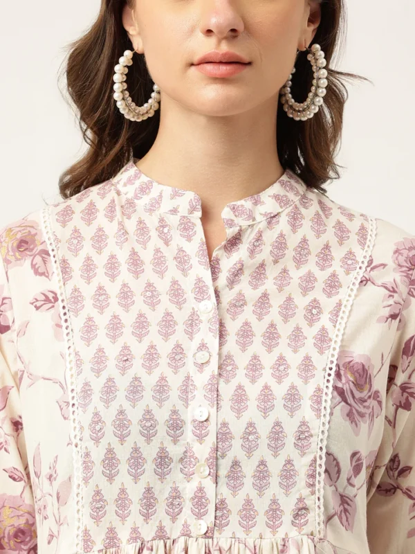Divena White Purple Floral Cotton Flared kurta with Pant set - Image 5