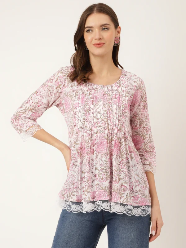 Divena Pink Floral Print Cotton Peplum Top with Pintuck Detailing - Image 3