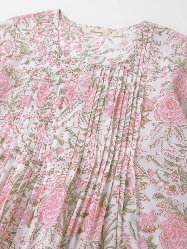 Divena Pink Floral Print Cotton Peplum Top with Pintuck Detailing - Image 7