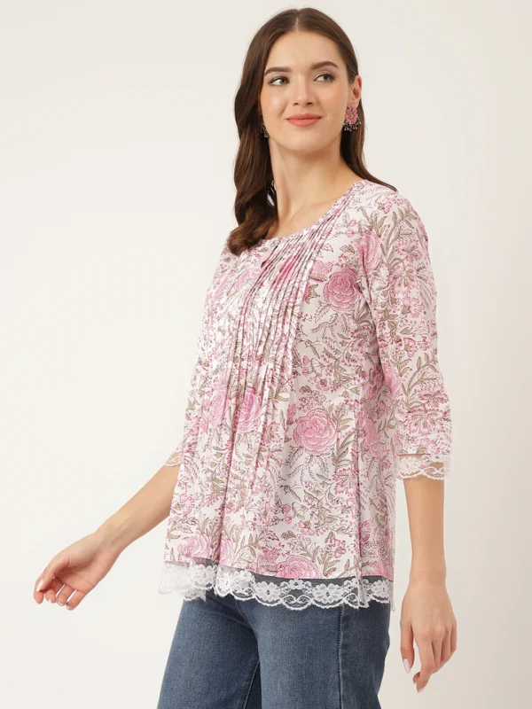 Divena Pink Floral Print Cotton Peplum Top with Pintuck Detailing - Image 4