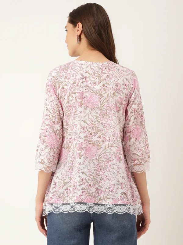 Divena Pink Floral Print Cotton Peplum Top with Pintuck Detailing - Image 5