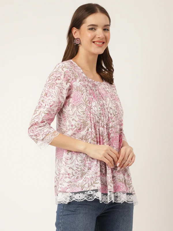 Divena Pink Floral Print Cotton Peplum Top with Pintuck Detailing - Image 2
