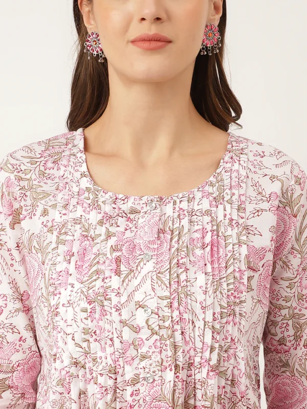 Divena Pink Floral Print Cotton Peplum Top with Pintuck Detailing - Image 6