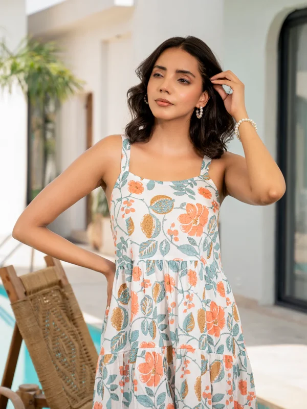 Divena White Floral Printed Shoulder Strip Calf Long Dress - Image 5