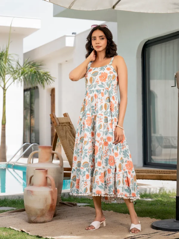 Divena White Floral Printed Shoulder Strip Calf Long Dress - Image 3