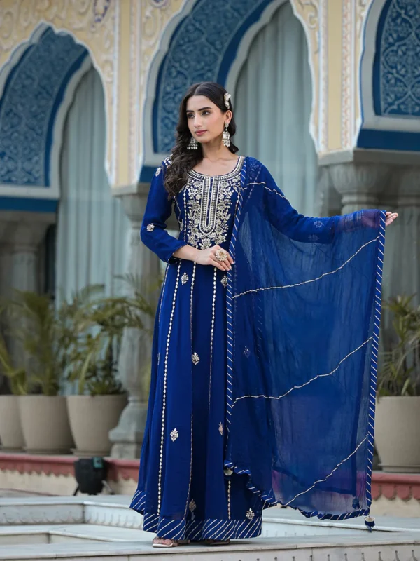 Blue Gota Patii work Georgette Long Kurta with Shantoon Lining with Dupatta - Image 4