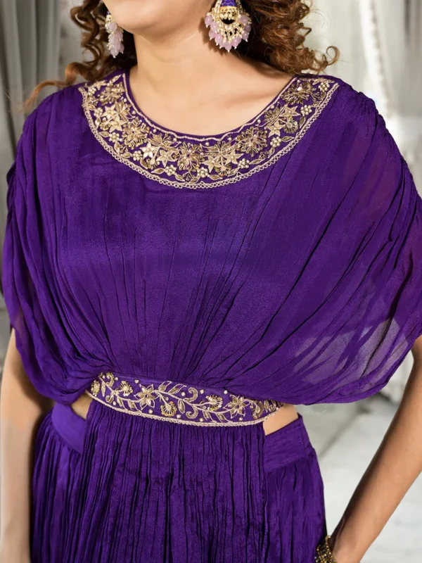 Divena Purple Zardozi Work Chinon Fabric Crop Top with Lehenga - Image 5