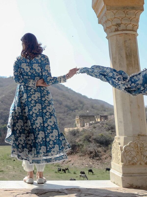 Divena Indigo Blue Cotton Anarkali Kurta Pant Set With Dupatta - Image 3