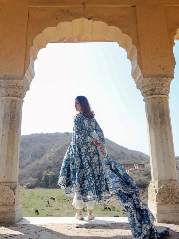 Divena Indigo Blue Cotton Anarkali Kurta Pant Set With Dupatta - Image 4