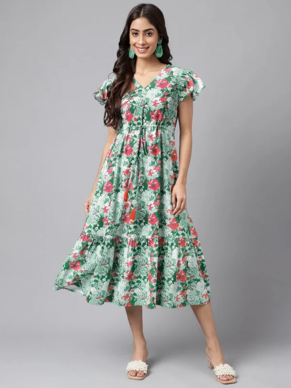 Green Moss Digital Floral Printed A-Line Dress - Image 5