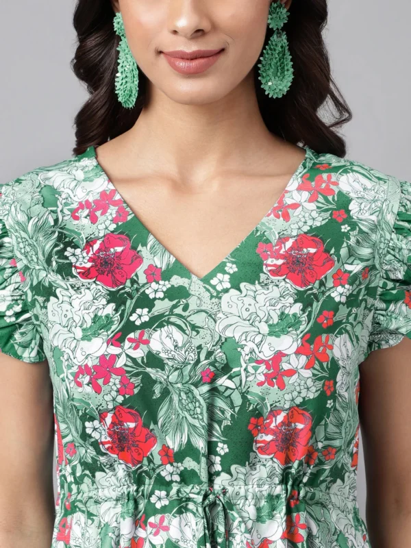Green Moss Digital Floral Printed A-Line Dress - Image 6