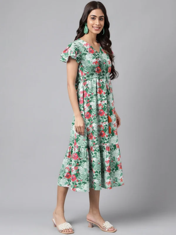 Green Moss Digital Floral Printed A-Line Dress - Image 3