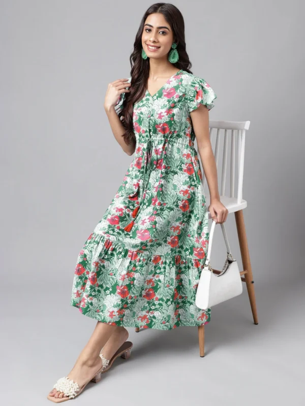Green Moss Digital Floral Printed A-Line Dress - Image 4