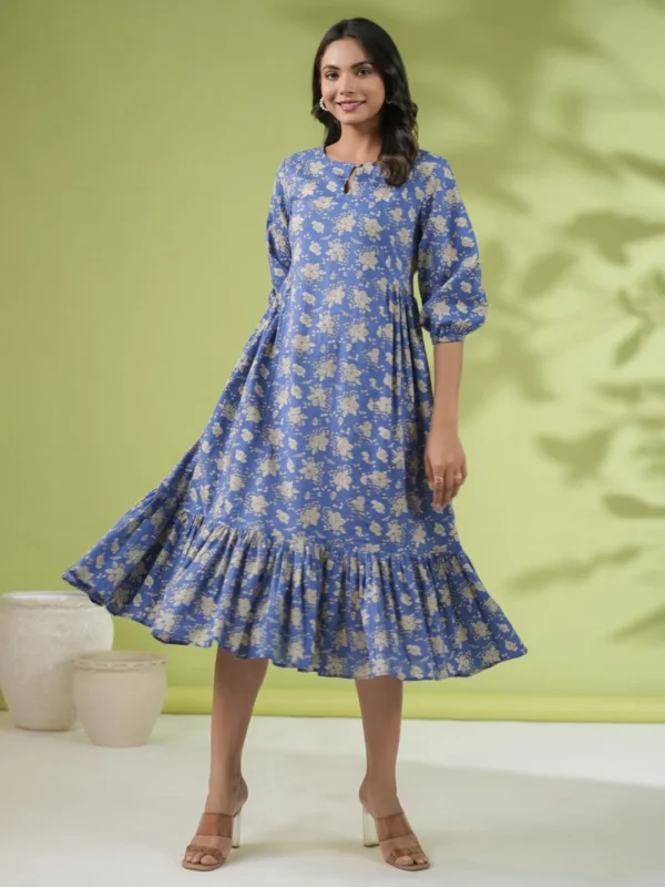 Blue Cotton Floral Fit & Flare Dress - Image 3