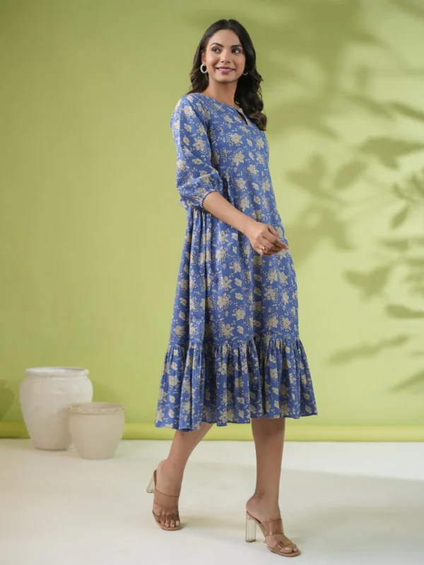 Blue Cotton Floral Fit & Flare Dress - Image 5