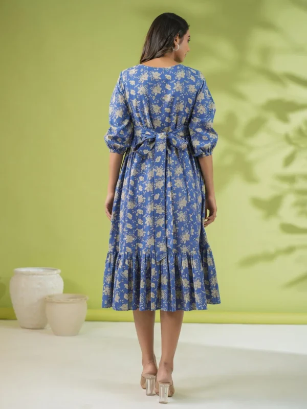 Blue Cotton Floral Fit & Flare Dress - Image 7