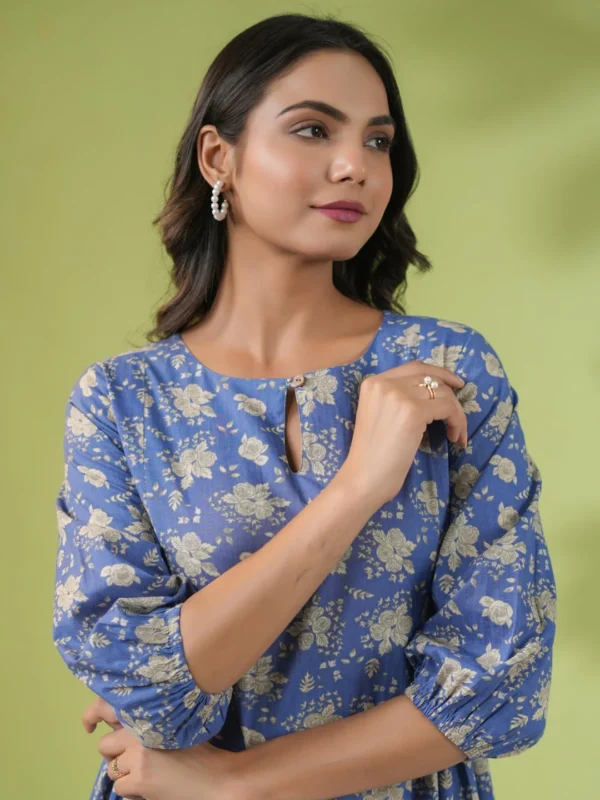 Blue Cotton Floral Fit & Flare Dress - Image 6