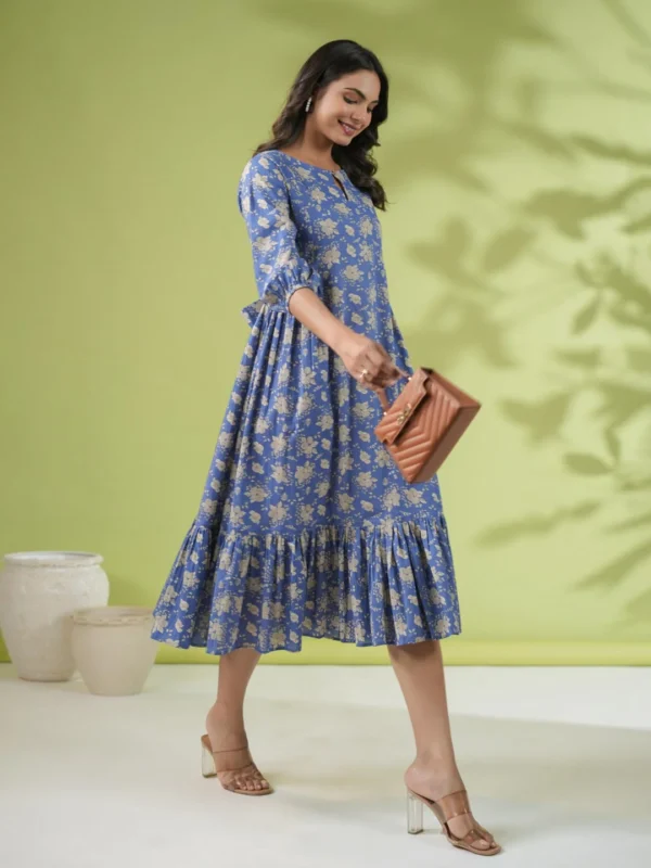 Blue Cotton Floral Fit & Flare Dress - Image 2