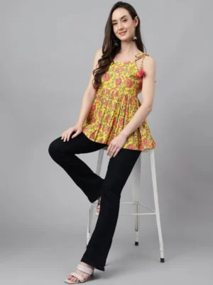 YELLOW COTTON FLORAL PRINT PEPLUM TOP