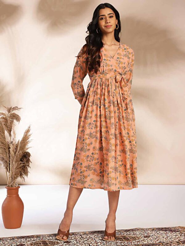Peach Georgette Floral Fit & Flare Dress - Image 2