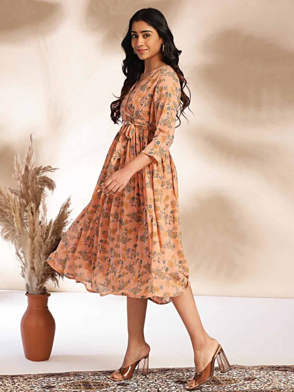 Peach Georgette Floral Fit & Flare Dress - Image 3