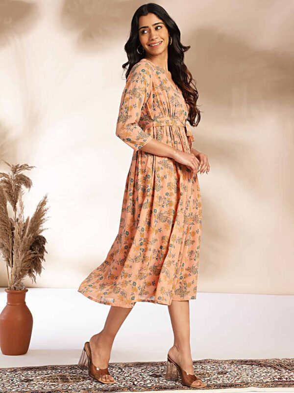 Peach Georgette Floral Fit & Flare Dress - Image 4