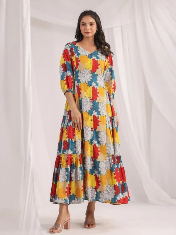 Multicolour Cotton Floral Panelled Flared Dress - Image 2