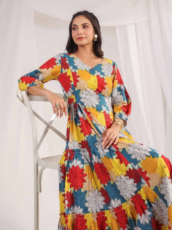Multicolour Cotton Floral Panelled Flared Dress - Image 3