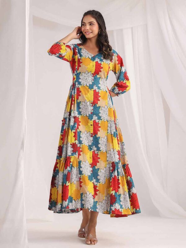 Multicolour Cotton Floral Panelled Flared Dress - Image 4