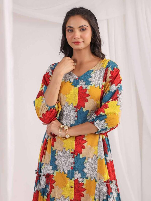 Multicolour Cotton Floral Panelled Flared Dress - Image 5
