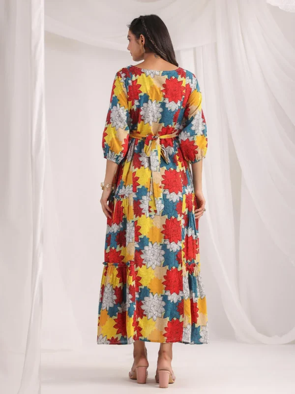 Multicolour Cotton Floral Panelled Flared Dress - Image 6