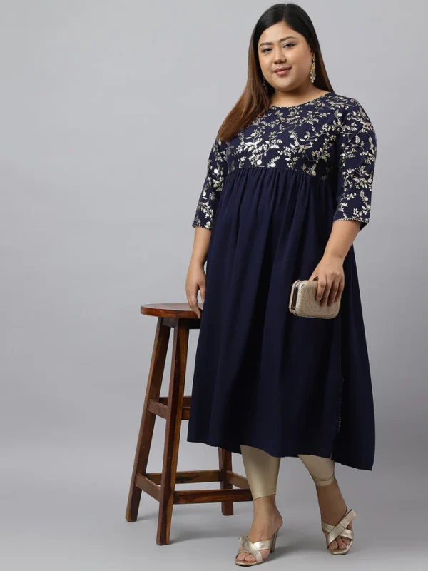 Navy Blue Crepe Foil Printed Flared Kurta Janasya 2413