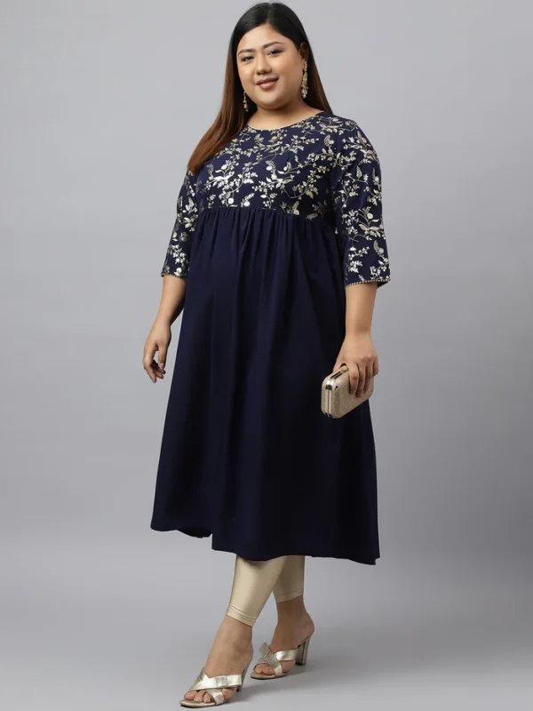 Navy Blue Crepe Foil Printed Flared Kurta Janasya 3509