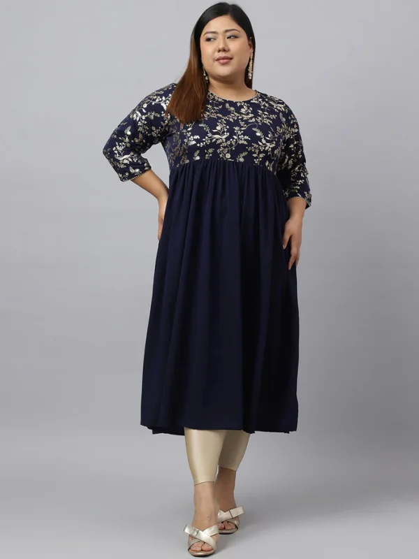 Navy Blue Crepe Foil Printed Flared Kurta Janasya 679