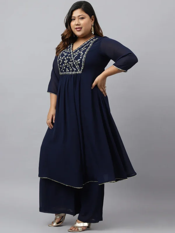 Navy Blue Georgette Yoke Embroidery Kurta with Palazzo and Dupatta Janasya 174